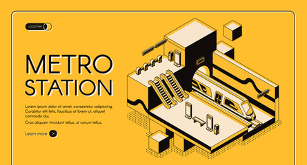 City transport system infrastructure isometric vector web banner, landing page template. Modern subway train in tunnel of underground metro station with escalators cross section, line art illustration