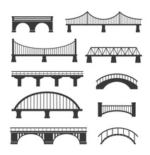 Set Of Different Bridges. Isolated On White Background. Black And White. Vector Illustration.