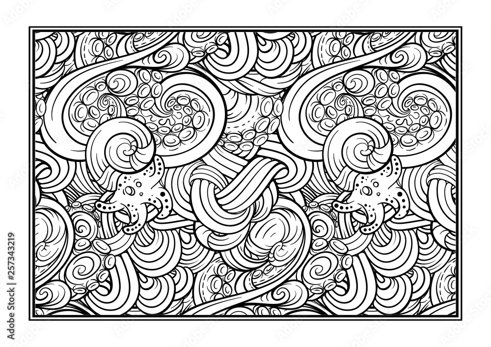 Adult coloring page with undersea world. Vector sea creatures doodles ...