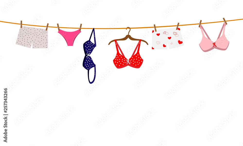 Pantie, bra and lingerie hanging on rope. Vector illustration. - obrazy, fototapety, plakaty 