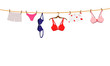 Pantie, bra and lingerie hanging on rope. Vector illustration.