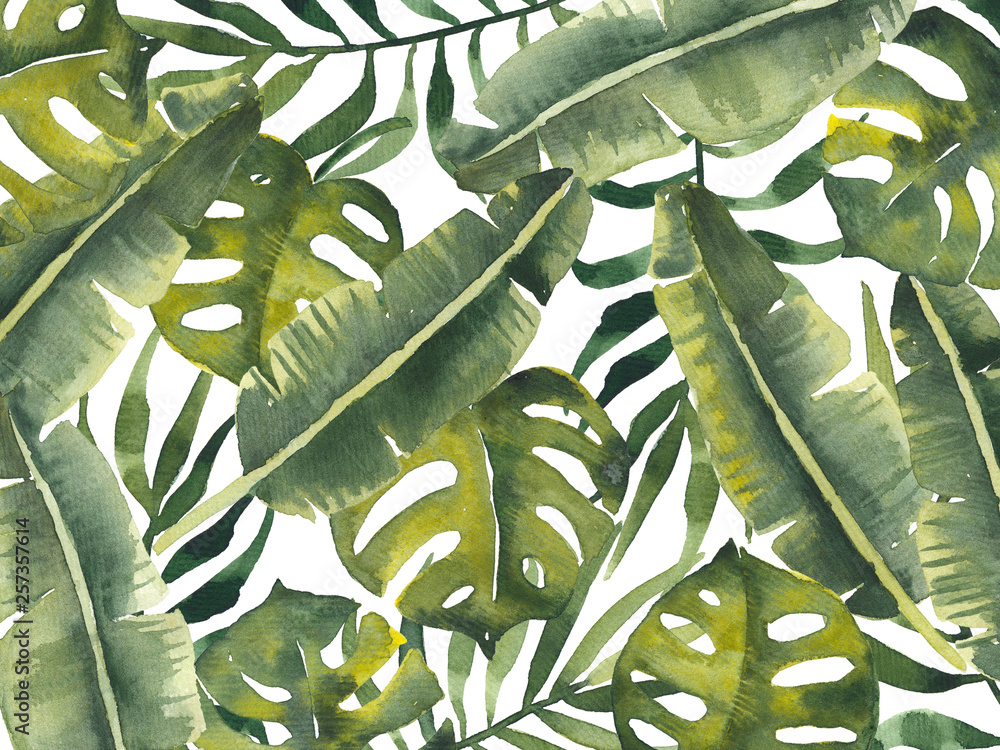 Foto-Kissen premium - Watercolor illustration with green tropical leaves