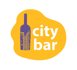 Wall Mural - Vector city bar logo design template with hand drawn wine bottle and city view on it isolated on white background. For pub and urban city bar identity, cafe and restaurant label, wine pub insignia etc