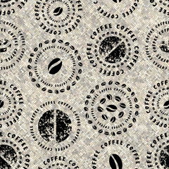 Fototapete - Coffee pattern on a rough canvas texture Seamless pattern.