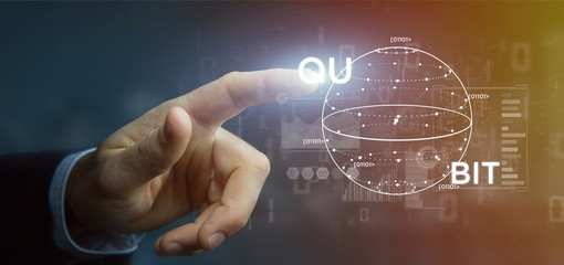 Wall Mural - businessman holding quantum computing concept with qubit icon 3d rendering