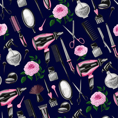Seamless pattern with hairdresser tools such as hairdryer, comb, scissors, mirror, hair dye and other. 
