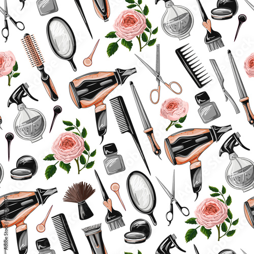 Seamless Pattern With Hairdresser Tools Such As Hairdryer Comb