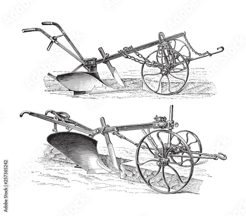 Fotomural Old ploughs (made in Germany) / vintage illustration from Meyers Konversations-L