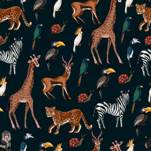 Seamless Pattern With Wild Animals Such As Zebra, Parrot, Toucan, Monkey, Giraffe And Antilope.