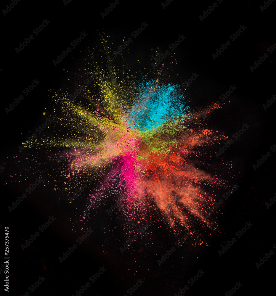 Colored powder explosion on black background. Freeze motion. - obrazy, fototapety, plakaty 