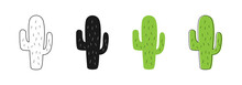 Isolated Cactus Icons. Cactus Vector Icons. Set Of Different Style Cactus. Linear, Web, Flat And Cartoon Design