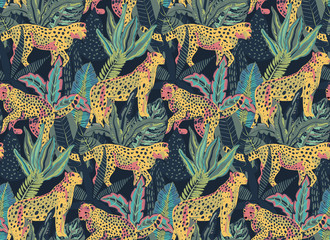 Wall Mural - Vestor seamless pattern with jaguars, tropical leaves and plants.