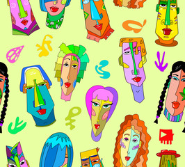 Wall Mural - Creative pattern. Colored heads of men and women. Used in printing packaging, clothing design, notepads, linens