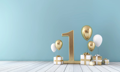 Number 1 party celebration room with gold and white balloons and gift boxes. 