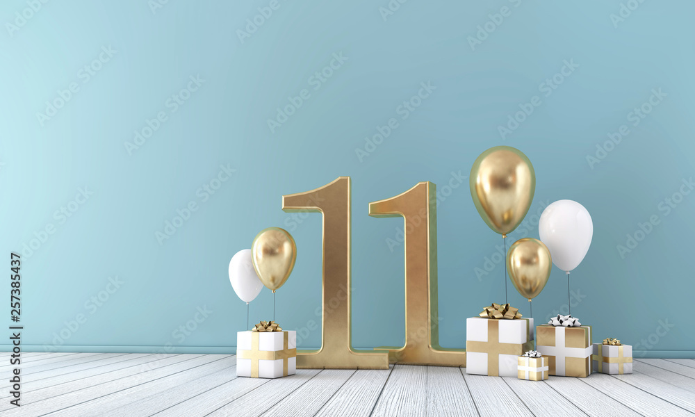 Number 11 party celebration room with gold and white balloons and gift boxes.  - obrazy, fototapety, plakaty 