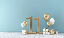 Number 11 Party Celebration Room With Gold And White Balloons And Gift Boxes. 