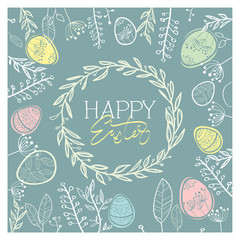 Wall Mural - PrintHappy Easter eggs composition hand drawn branches, flowers, wreath. Vector illustration