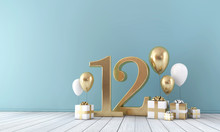 Number 12 Party Celebration Room With Gold And White Balloons And Gift Boxes. 