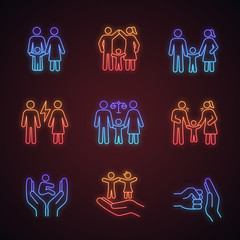 Sticker - Child custody neon light icons set