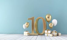 Number 10 Party Celebration Room With Gold And White Balloons And Gift Boxes. 