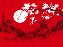 Japan Traditional Sumi-e Painting. Watercolor And Ink Illustration In Style Sumi-e, U-sin. Fuji Mountain, Sakura, Sunset. Japan Sun. Indian Ink Illustration. Japanese Picture, Red Background.