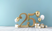 Number 25 Party Celebration Room With Gold And White Balloons And Gift Boxes. 