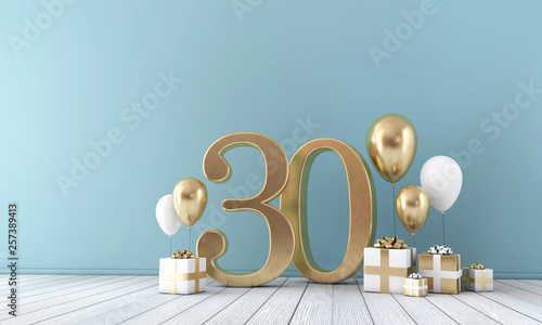 Cuadros en Lienzo Number 30 party celebration room with gold and white balloons and gift boxes