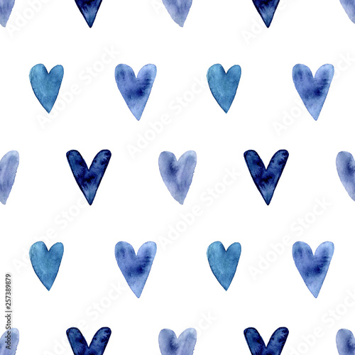 Seamless Pattern With Hand Painted Indigo Blue Watercolor Hearts