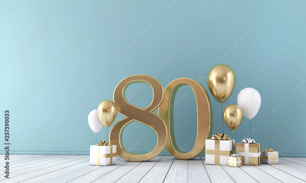 Number 80 party celebration room with gold and white balloons and gift boxes.  - obrazy, fototapety, plakaty 