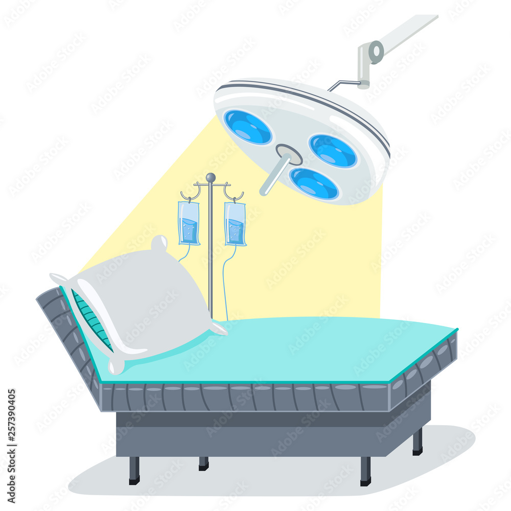 Hospital bed, surgical lamp and dropper intravenous infusion vector cartoon  illustration. Medical equipment for the operating room isolated on a white  background. Stock Vector | Adobe Stock, image size:1000x1000