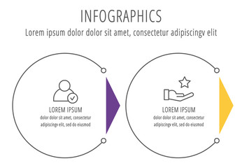 Modern line vector illustration. Infographic circles template with two elements, sectors, icons. Designed for business, presentations, web design, interface, workflow layout, diagrams with 2 steps