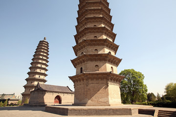 Twins pagodas-The old landmark of Taiyuan city. They were built in the Ming Dynasty of Chinese Times(A.D. 1608-1612). Taken in the Yongzuo Temple of Taiyuan The highest twin pagodas in China