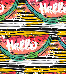 Hand drawn vector striped abstract textured pattern with watermelon ang Hello lettering.Summer backgroung,vector background,texture paper,texture background,summer pattern,watermelon slice