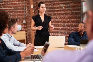 Wall Mural - Young Businesswoman Standing And Leading Office Meeting Around Table