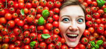 Woman With Tomatoes, Concept For Food Industry. Face Of Emotional Woman In Tomato Surface
