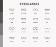 Eyeglasses thin line icons set: sunglasses, sport glasses, rectangular, aviator, wayfarer, round, square, cat eye, oval, extravagant, big size, for reading. Modern vector illustration.