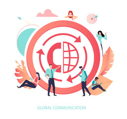 Wall Mural - global communications and digital technologies. coral sign or icon with people, flat style.