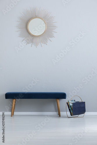 Navy Blue Bench Placed In Real Photo Of Light Grey Entrance Hall