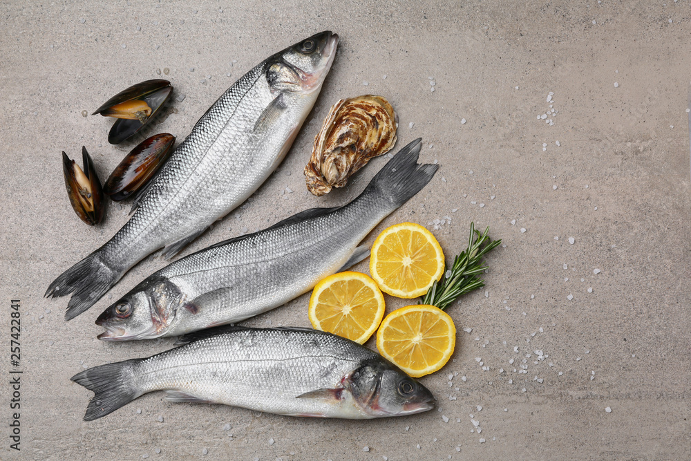 Fresh fish, oyster and mussels on table