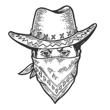 Cowboy Head In Bandit Gangster Mask Bandana Sketch Engraving Vector Illustration. Scratch Board Style Imitation. Hand Drawn Image.