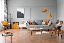 Spacious living room interior with coffee table, stylish chairs and grey comfortable sofa