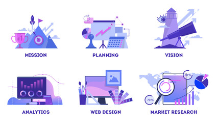 Sticker - business concept web banner set. mission and plan