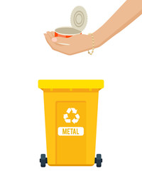 Wall Mural - Vector illustration: metal waste throw out. Woman hand throwing away tin can in garbage container. Trash sorting concept. Colorful trash bin.