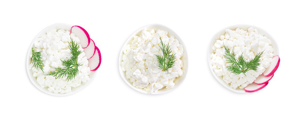 Set of fresh natural cottage cheese in a white ceramic bowl isolated on white. Green dill. An overhead photo of organic eco healthy meal, dairy product. Top view.