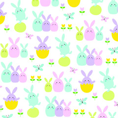 Wall Mural - cute easter bunnies tulips and butterflies