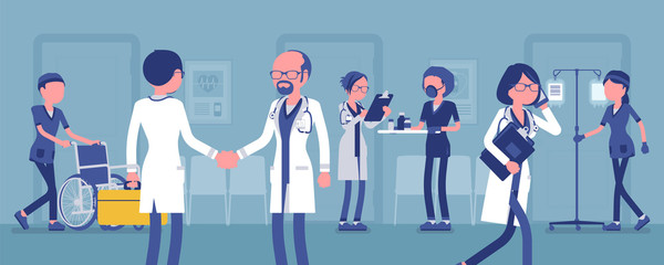 Wall Mural - Doctors, nurses working in a hospital. Busy day in clinic department, staff and patients given professional medical treatment, health care institution routine. Vector illustration, faceless characters