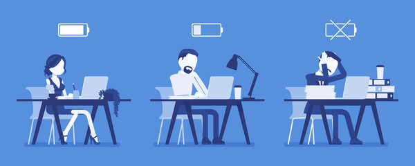 Wall Mural - Office workers with battery charge level indicator. Employees of different energy limit, full, low, empty icon effectiveness of productive effort at workplace. Vector illustration, faceless characters