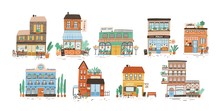 Collection Of Stores, Shops, Cafe, Restaurant, Bakery, Coffee House Isolated On White Background. Bundle Of Buildings On Street Of European City. Flat Vector Illustration In Cute Naive Style.