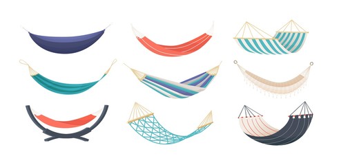 Collection of hammocks of different types isolated on white background. Bundle of tools for summer recreation, relaxation, swinging, sleeping, resting. Decorative vector illustration in modern style.