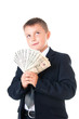 © Yarkovoy - Young enterprising boy schoolboy in a business suit holding money in his hands. How to earn the first million dollars